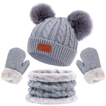 Toddler Boys Girls Winter Beanie Hat Neck Warmer Gloves Set Kids Thick Ski Cap With PomPom Winter Beanie Hat Warm Knit Scarf Gloves Set Gray One Size