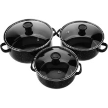 Enamel Mini Soup Pot Set, 3-Pc 1.5Qt Saucepan with Lid, Black, Stovetop & Induction Compatible