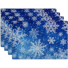 Winterblauwe placemats met sneeuwvlokkenmotief, linnen set van 4