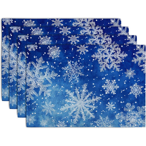 Tischsets mit Schneeflockenmuster in Winterblau, Leinen, 4er-Set