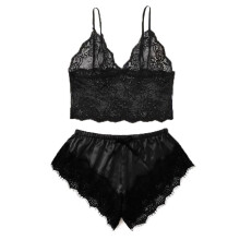 Damepyjamassæt Casual Kortærmet Top med Shorts Hjemmetøj Pyjamassæt Loungewear Sort, L
