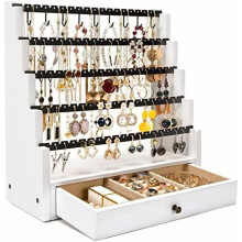 5-Layer Wooden Jewelry Organizer Stand with Necklace Hooks