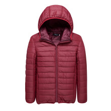 Jaqueta masculina casual, grossa, com capuz, zíper, acolchoada em algodão, impermeável, para o inverno, leve e confortável, na cor vinho (tamanho