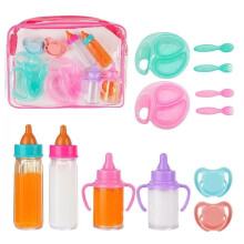 13-Pc Doll Feeding Pretend Playset with Storage Bag, Magic Bottles (Disappearing Milk/Juice) & Magnetic Pacifiers