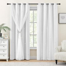 Bílé zatemňovací závěsy princezna do dívčího pokoje, 86x232 cm, dvouvrstvé s průsvitným překrytím, s očkem nahoře – kompatibilní