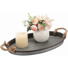Plateau ovale galvanisé Hipiwe avec poignée en corde – Service champêtre et décoration rustique, idéal pour une table basse, mariages et