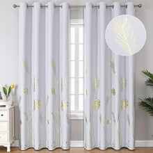 Greyish White Thermal Insulated Curtains 52x96", Room Darkening, Light Filtering, Gold Palm & Wheat Pattern, 2 Panels