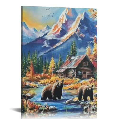 Quadro decorativo em tela com paisagem de montanha e cabana, 30x40cm (12x16 polegadas)