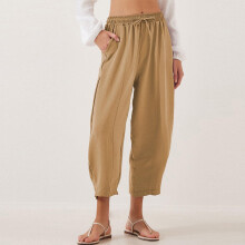 Pantalon d'été pour femme, couleur unie, taille haute, cordon de serrage, poche et bas de jambes resserrés.