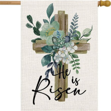 Bandiera da casa "È risorto" 28x40 pollici – Decorazione pasquale a croce in iuta bifacciale, compatibile con decorazioni primaverili e rustiche