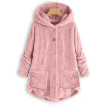Damefrakker Pluss størrelse Salg Dame Pluss størrelse Knapper Plysjtopper Hettegenser Løs Cardigan Ullkåpe Vinterjakke Rollbacks Rosa8(S)