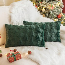 Ensemble de 2 housses de coussin décoratives vertes à motif sapin de Noël (30 x 50 cm), douces et en fausse fourrure, pour canapé ou fauteuil.
