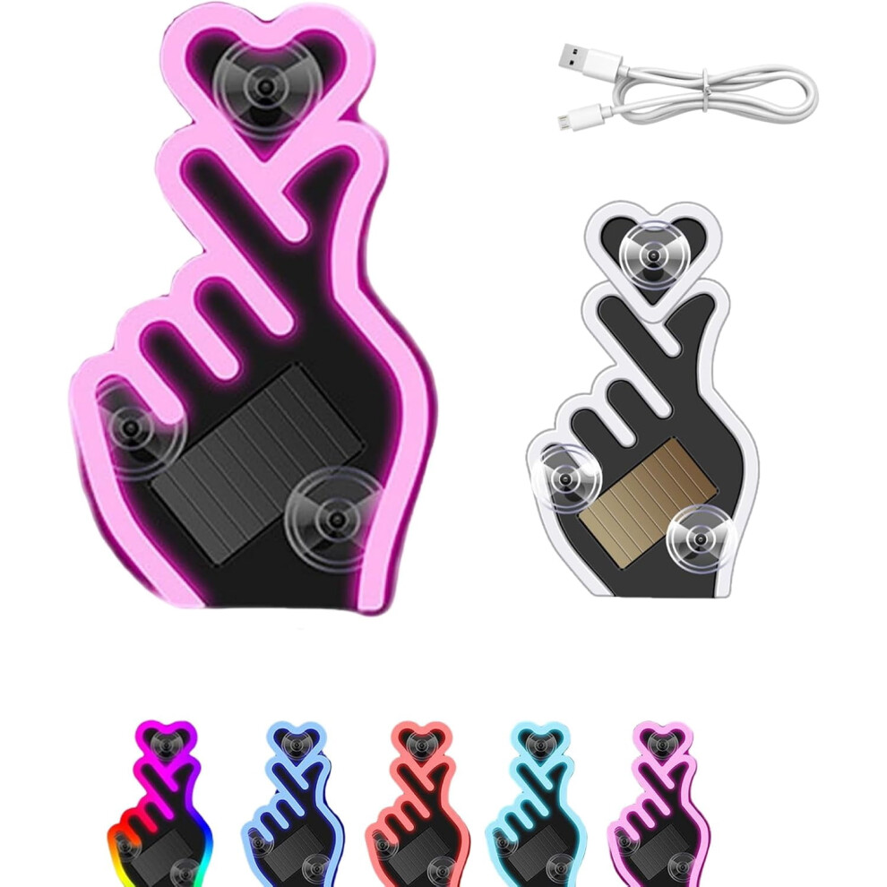 Solar-Powered Finger Heart Car Window Usb-C Rechargeable, Suction Cup, Neon Love (Compatible With C-Pillar) Light/Pink 9402001014672