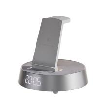 6 in 1 Alarm Clock Charging Station for Bedrooms, Wireless Charging Station with Dimmable Night Light Speaker