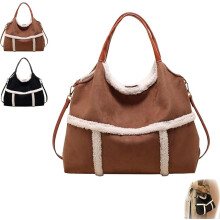 Women's Suede Tote Bag with Faux Lamb Wool Lining