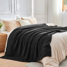 Super Soft Queen Blanket Black Premium Silky Flannel Fleece 3D Waffle Checkered Lightweight Bed Blanket All Season Use (Black, Queen(90"x90"))