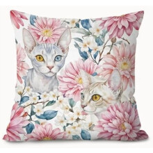 Fețe de pernă vintage cu imprimeu floral roz pentru pisici, 18x18, decor retro Cottagecore cu crizanteme și pisică albă, compatibile cu