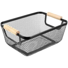 Metal Mesh Steel Basket with Wood Handle – Multi-function Hanging Organizer for Kitchen, Bathroom, Picnic; Rectangle, Black