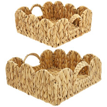 2Pcs Scalloped Wicker Baskets, Rattan Storage Basket Organizer with Built-in Handles, Woven Water Hyacinth Home Office Decor & Organizing