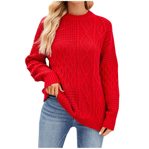 VERUGU Damenpullover Winter Einfarbig Rundhals Langarm Strickpullover Rot M