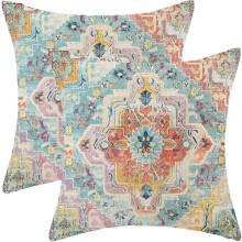Fețe de pernă Boho 18x18, Set de 2, Model de covor colorat, Design etnic din in, Fețe de pernă Farmhouse pentru canapea, canapea și decor
