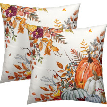 Housse de coussin décorative automnale orange et blanche à motif citrouille, 50 x 50 cm, lot de 2 – Coussin feuille d'érable pour canapé, lit,