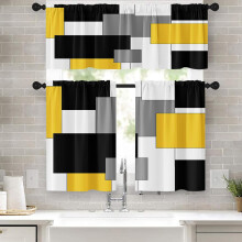 Yellow, Black & Grey Kitchen Curtains Set of 3 (54"x24"), Modern Rod Pocket Tier + Valance, Abstract Art Cafe Style