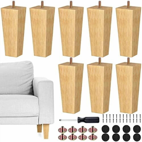 Pés de madeira para móveis, quadrados, 15 cm (6 polegadas), pacote com 8 unidades, cor natural.