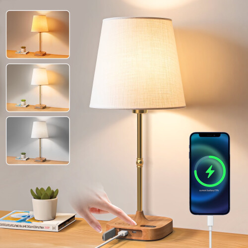Cordless Touch Table Lamp with Fabric Shade, 3 Colour