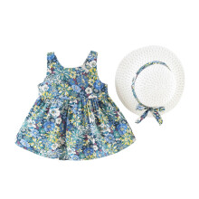 Vintage Blomtryck Hängslen Klänning Hatt Set Småbarn Flickor Prinsessa Babyklänningar Barn Rosett Ärmlös Solklänning Storlek 2-3 År