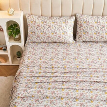 Bloemenprint tweepersoonslakenset – 3-delige vintage roze/gele microvezellakens, diepe hoeslakens en antislip hoeslakens, geschikt voor