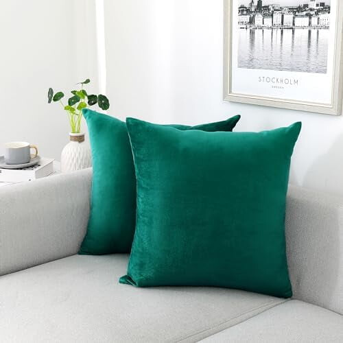 Kuddfodral i sammet, 22x22 cm, 2-pack, blågrön