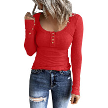 Camisetas Henley de manga larga para mujer, tops ajustados con botones y cuello redondo de punto acanalado.