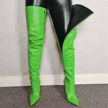 Damenstiefel mit hohem Absatz, farbig, sexy, spitz zulaufend, mit Reißverschluss, dünnem Absatz, kniehoch, grün, US-Größe 9,5