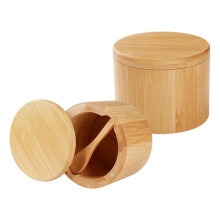 Bamboo Salt Shaker, 2 PCS Salt Box with Built-in Spoon, Salt Bowl with Swivel Lid, Preserving Jar for Spice Storage
