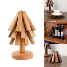 Foldable Christmas Tree Trivets Set – 3 Walnut Wood Heat-Resistant Pot Holders + Stand (Compatible with Kitchen)