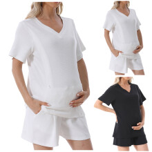 Womens Maternity Nursing Outfit Shirts Short Sleeved and Shorts Set V Neck Zipper Breastfeeding Tops Ladies Loungewear Black S
