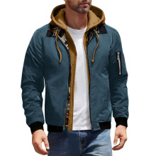Jaqueta de flanela leve masculina xadrez de manga comprida com capuz, fechamento em zíper, forro acolchoado, casaco térmico, agasalho azul, tamanho
