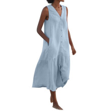 Sommerkleid-Aktion! Lässiges Damenkleid in Übergröße, einfarbig, V-Ausschnitt, ärmellos, Knopfleiste, Baumwoll-Leinen-Mischgewebe, hellblau,