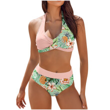 Bikinisets voor dames, badpakken met hoge taille voor dames, badpakset met retroprint, badpak met strandrokje, badpakset met split, roze BM