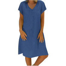 Sommerkleid-Aktion! Lockeres Damenkleid mit V-Ausschnitt, kurzen Ärmeln, fließendem Baumwoll-Leinen-Mix, blau, XXL