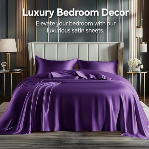 Ensemble de draps en satin violet prune pour lit queen, 4 pièces 1