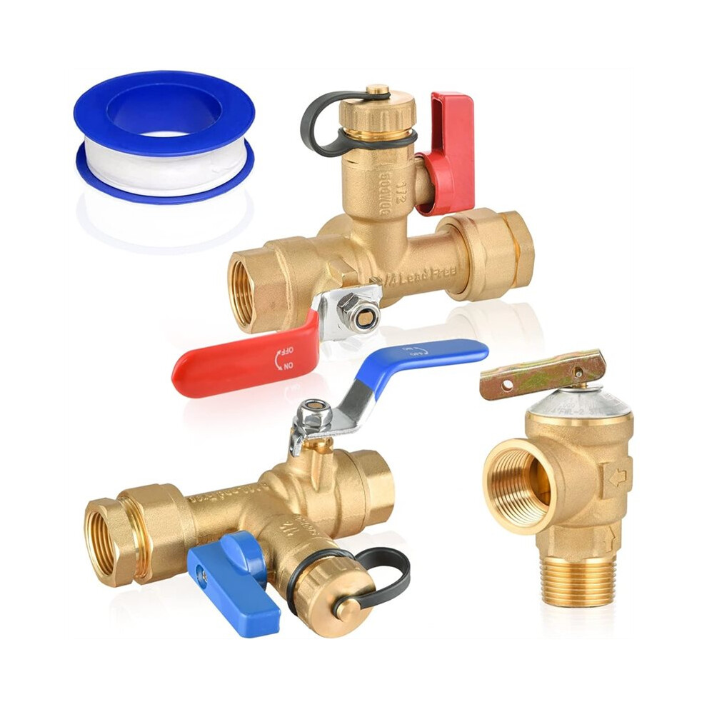 Saudism 3/4" Ips Isolator Tankless Water Heater Service Valve Kit, With Pressure Relief Valve, Clean Brass Construction