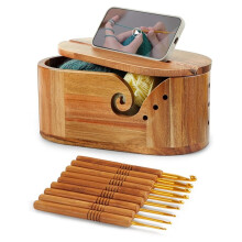 Wooden Yarn Bowl with 9pcs Crochet Hooks, Large Oval Yarn Holder for Knitting and Crocheting for Crocheters