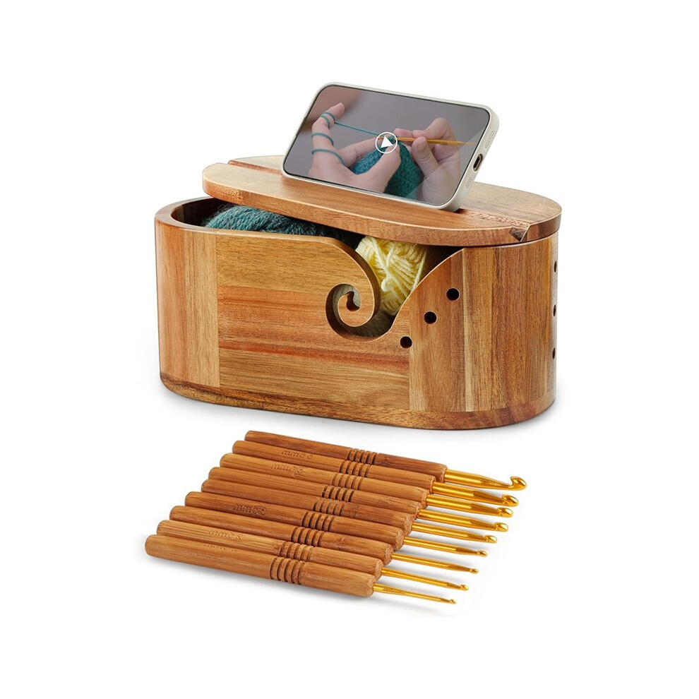 Saudism Wooden Yarn Bowl With 9Pcs Crochet Hooks, Large Oval Yarn Holder For Knitting And Crocheting For Crocheters