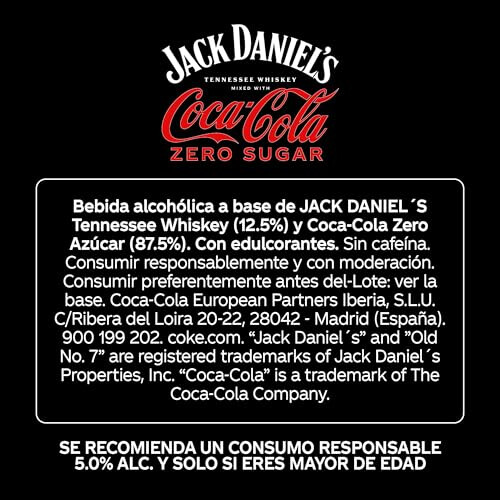 Jack Daniel?s & Coca-Cola Zero Az?car, Combinado con Whiskey, Pack 12 latas de 330 ml 2