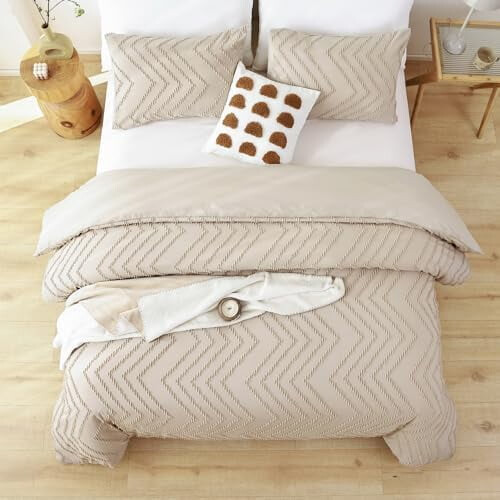 Taupe Queen Comforter Set 3-Piece Vertical Tufted Boho 2