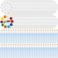 150 Pcs Painting Brushes Palettes Set, 50 Painting Palettes with 10 Wells, 100 Small Paint Brushes, for Acrylic DIY