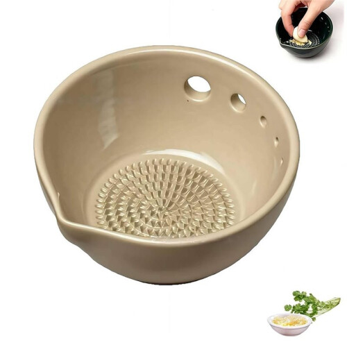 Handmade 2-in-1 Stoneware Herb Stripper and Grater Bowl, Multi-Functional Kitchen Tool with 5 Hole Sizes 2