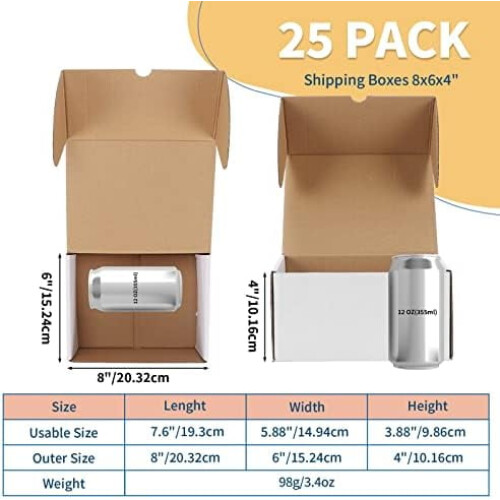 Conjunto de 25 caixas de envio brancas de 8x6x4 polegadas (20,3 x 15,2 x 10,2 cm), caixas de papelão ondulado para embalagem de presentes e 1